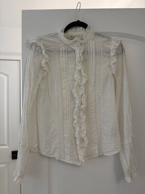 Boden White Eyelet Ruffle Button-Up Blouse